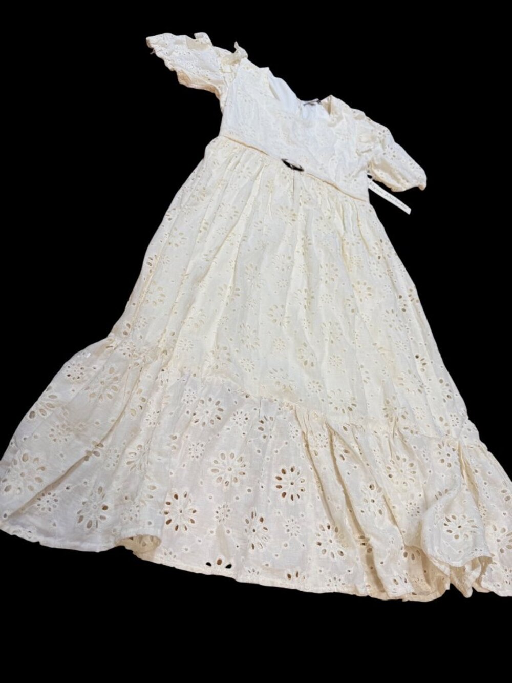 Ryan Michelle Ivory Eyelet Midi Dress Belted Waist Puff Sleeves Ruffle Coquette